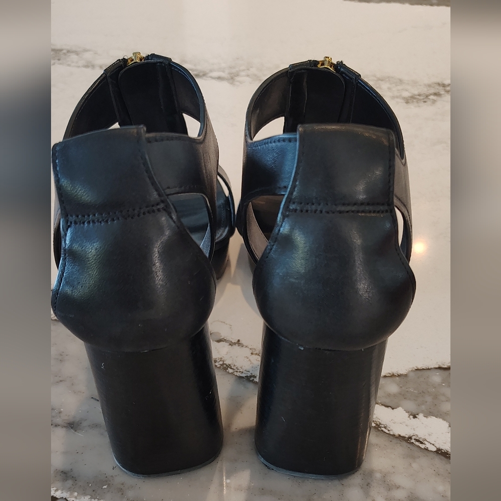 Michael Kors Black Leather Zip-Front Platform Sandals - Picture 5 of 8